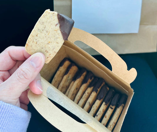 All-Butter Pecan Shortbread Cookies, Dipped in Chocolate